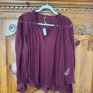 Free People Wine Button-Front Gauze Blouse